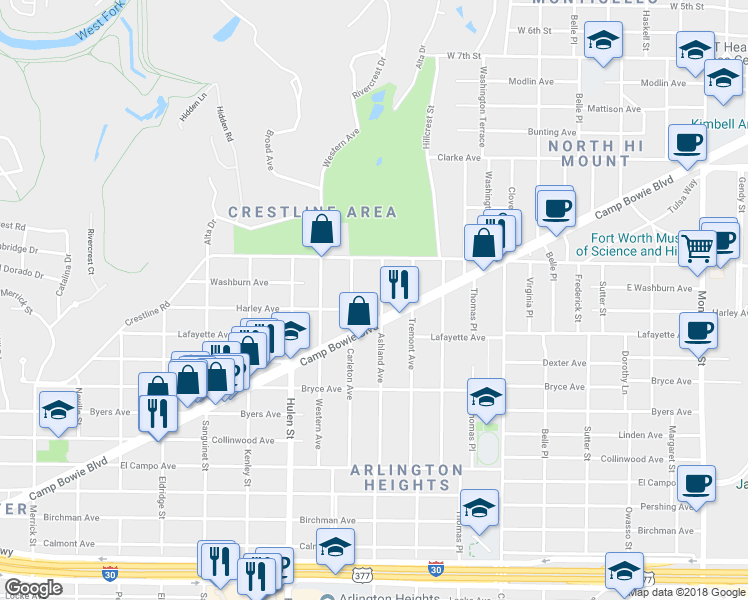 map of restaurants, bars, coffee shops, grocery stores, and more near 1805 Carleton Avenue in Fort Worth