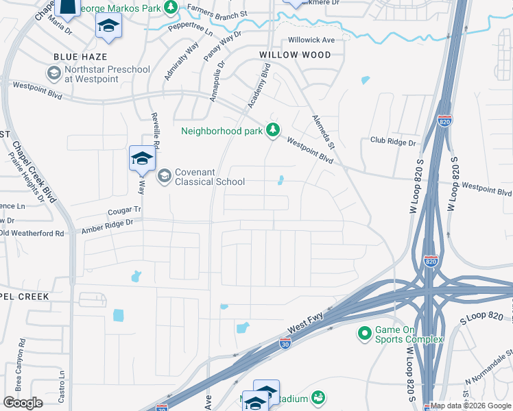 map of restaurants, bars, coffee shops, grocery stores, and more near 9588-10112 Old Weatherford Road in Fort Worth