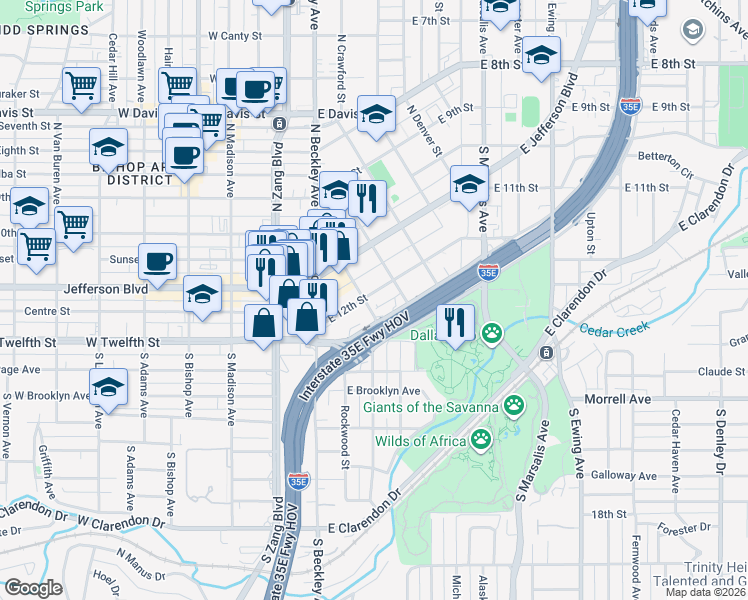 map of restaurants, bars, coffee shops, grocery stores, and more near 204 East 12th Street in Dallas