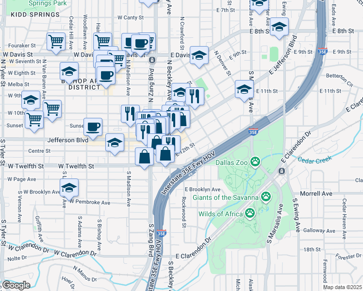 map of restaurants, bars, coffee shops, grocery stores, and more near 118 East 12th Street in Dallas