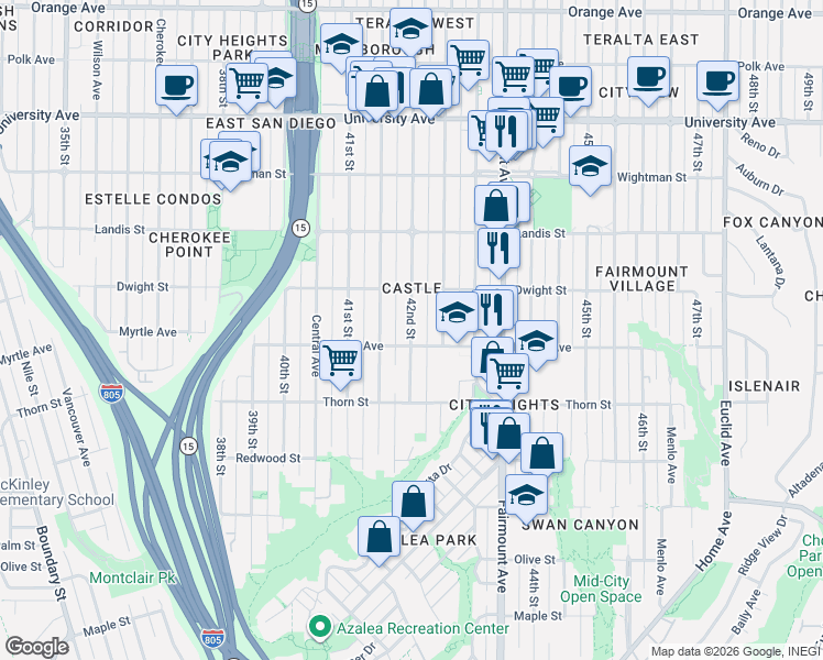 map of restaurants, bars, coffee shops, grocery stores, and more near 4175 Myrtle Avenue in San Diego