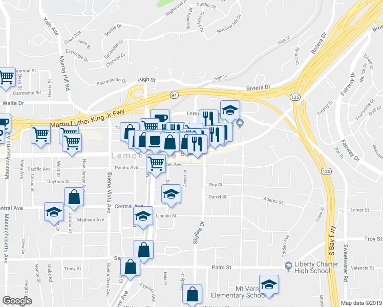 map of restaurants, bars, coffee shops, grocery stores, and more near 7967 Broadway in Lemon Grove