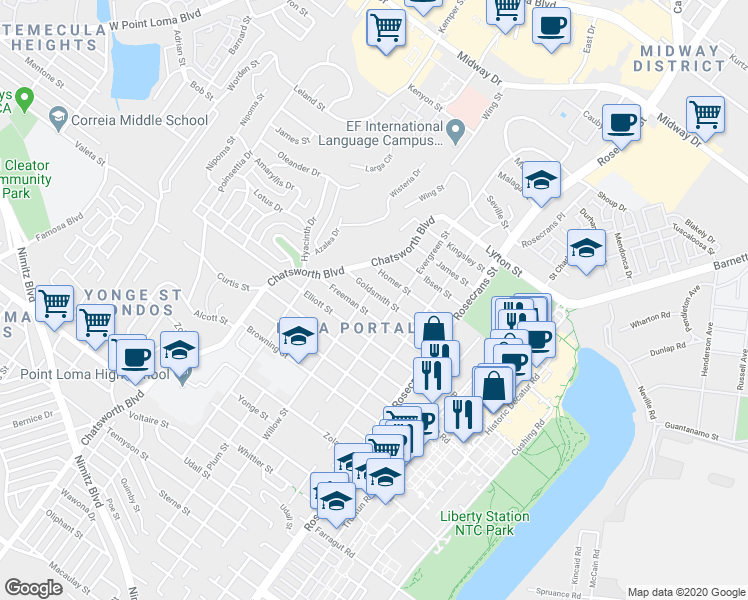 map of restaurants, bars, coffee shops, grocery stores, and more near 3235 Goldsmith Street in San Diego