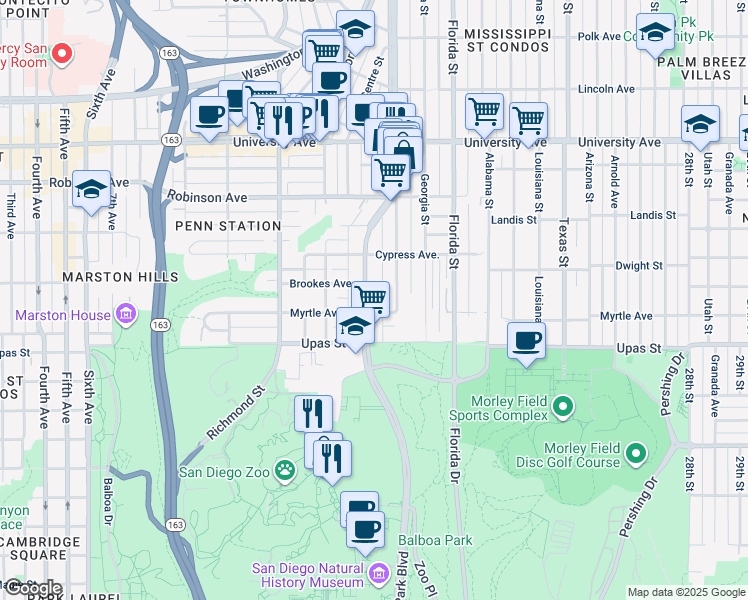 map of restaurants, bars, coffee shops, grocery stores, and more near 1717 Myrtle Avenue in San Diego