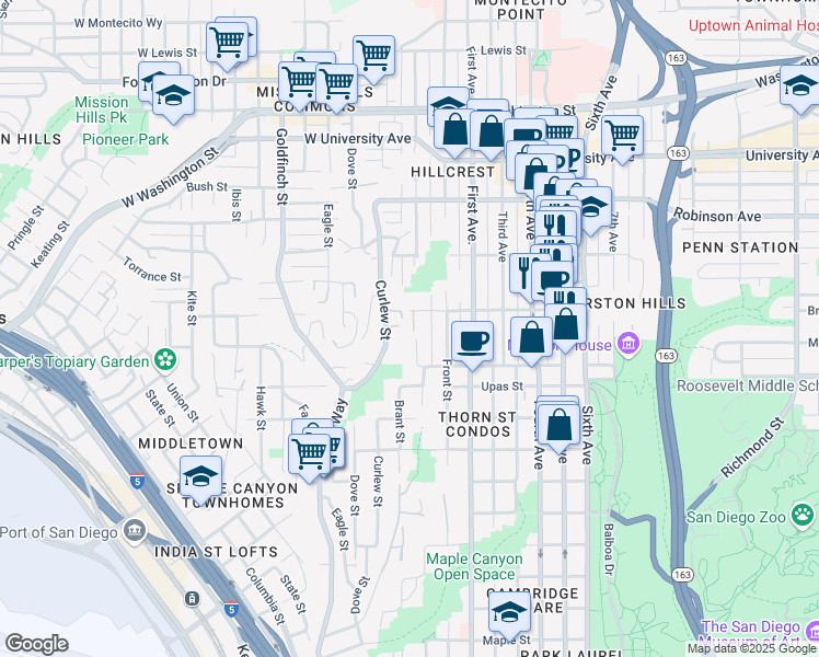 map of restaurants, bars, coffee shops, grocery stores, and more near 3566 Albatross Street in San Diego