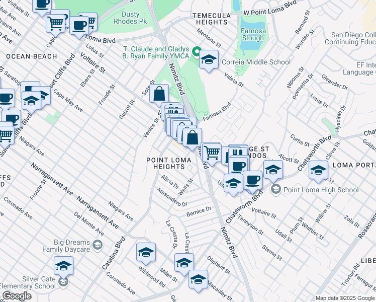 map of restaurants, bars, coffee shops, grocery stores, and more near 4101 Voltaire Street in San Diego