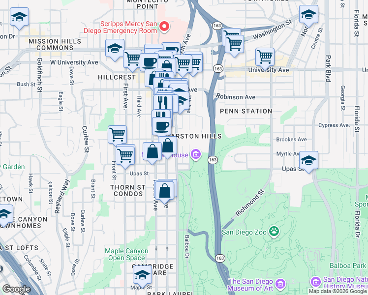 map of restaurants, bars, coffee shops, grocery stores, and more near 3574 7th Avenue in San Diego