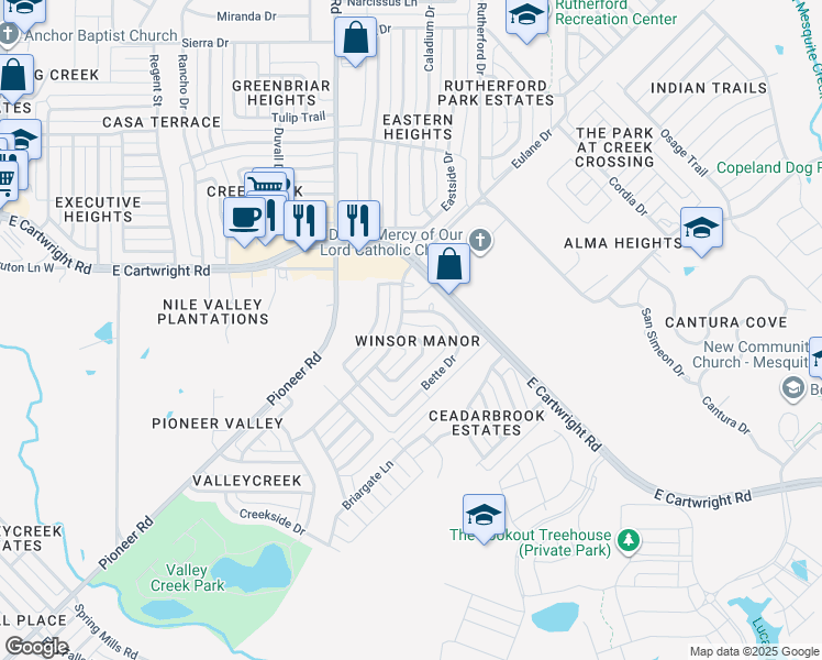 map of restaurants, bars, coffee shops, grocery stores, and more near 1405 Monica Lane in Mesquite