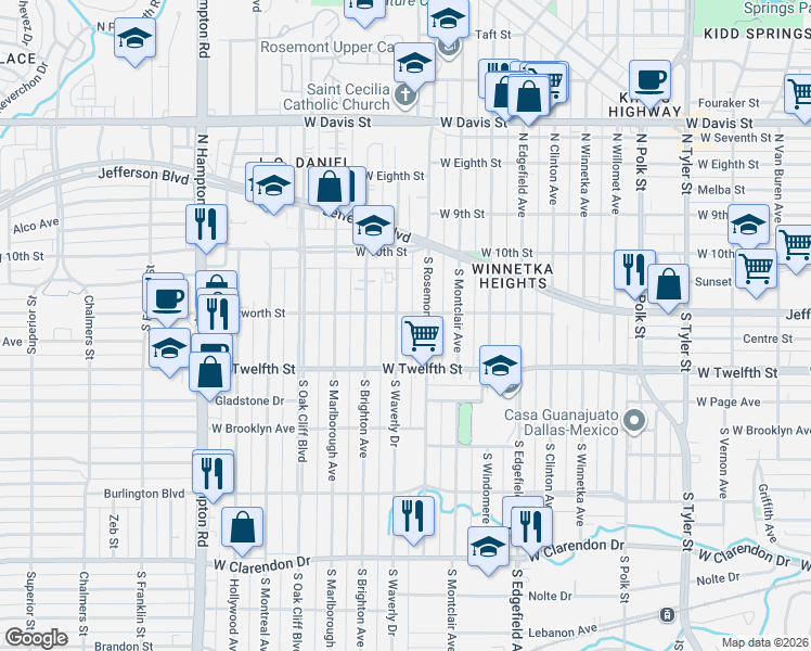 map of restaurants, bars, coffee shops, grocery stores, and more near 404 South Waverly Drive in Dallas
