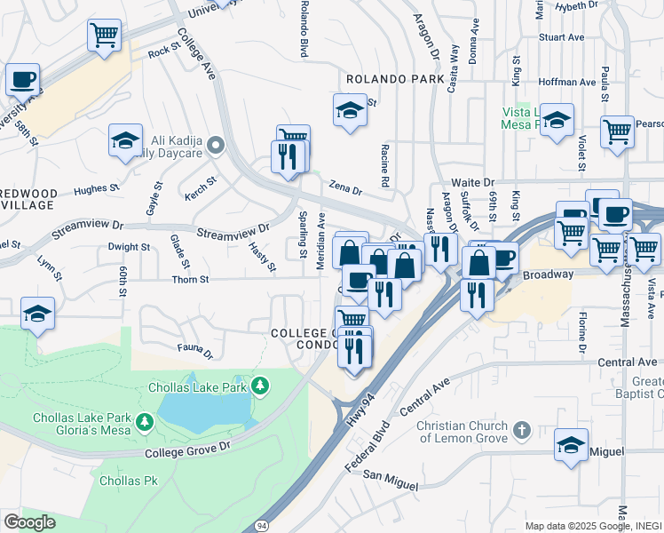 map of restaurants, bars, coffee shops, grocery stores, and more near 6510 College Grove Drive in San Diego