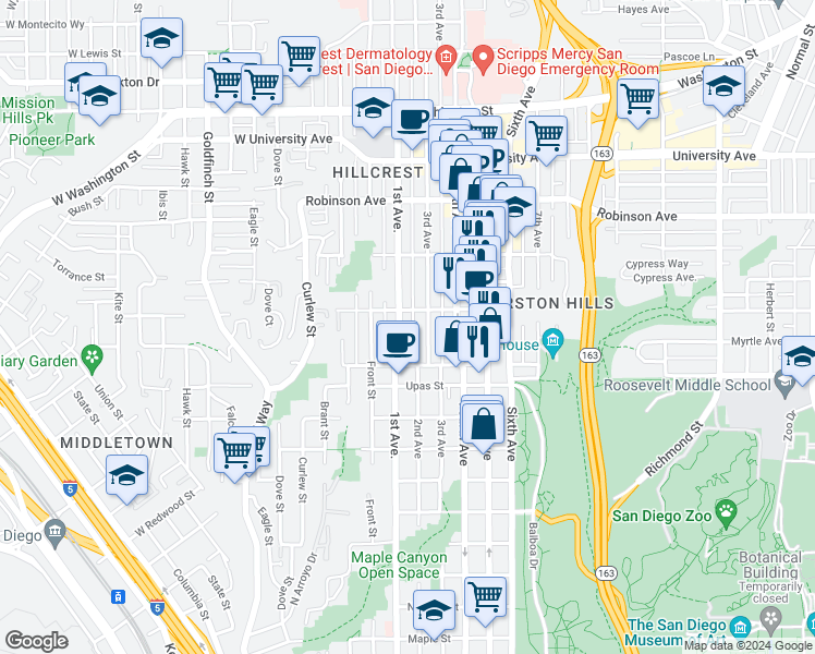 map of restaurants, bars, coffee shops, grocery stores, and more near 3531 1st Avenue in San Diego
