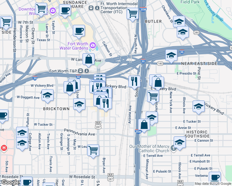 map of restaurants, bars, coffee shops, grocery stores, and more near 321 East Broadway Avenue in Fort Worth