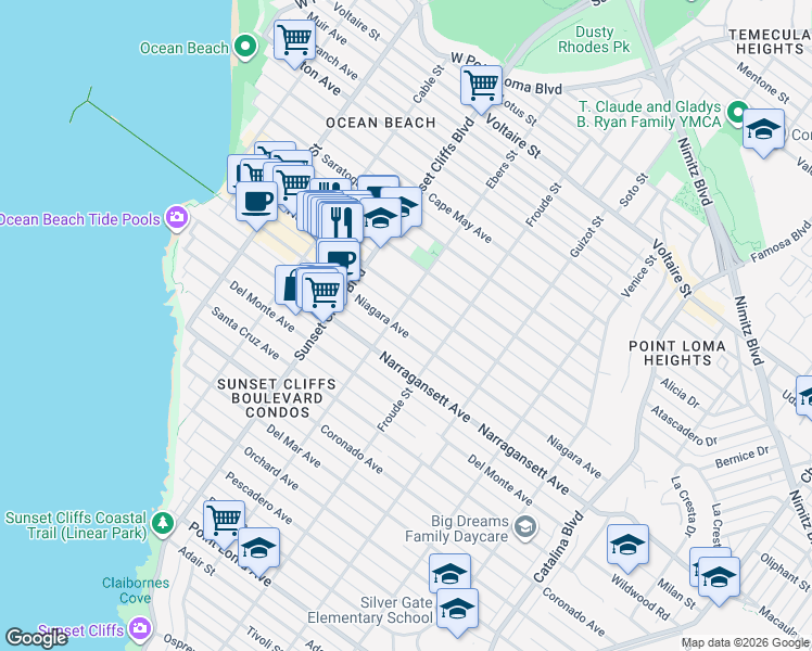 map of restaurants, bars, coffee shops, grocery stores, and more near 4651 Niagara Avenue in San Diego