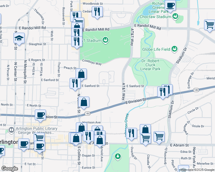 map of restaurants, bars, coffee shops, grocery stores, and more near 971 East Sanford Street in Arlington