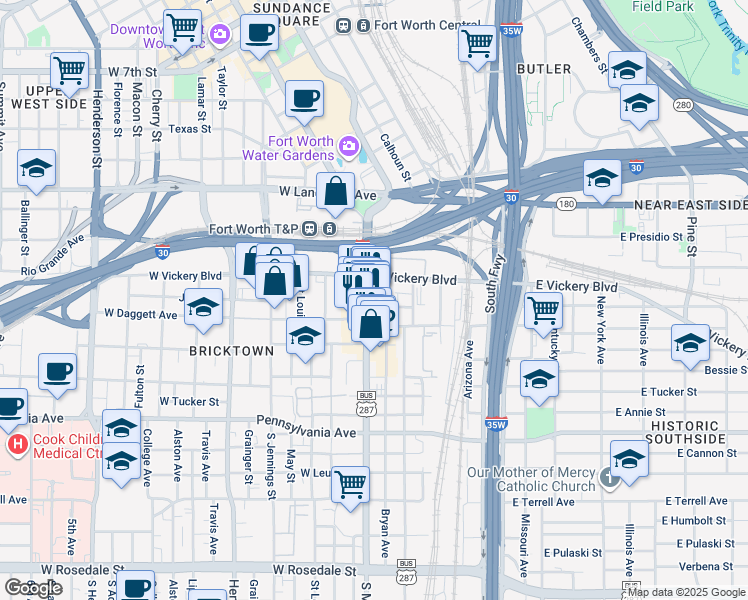 map of restaurants, bars, coffee shops, grocery stores, and more near 200 South Main Street in Fort Worth