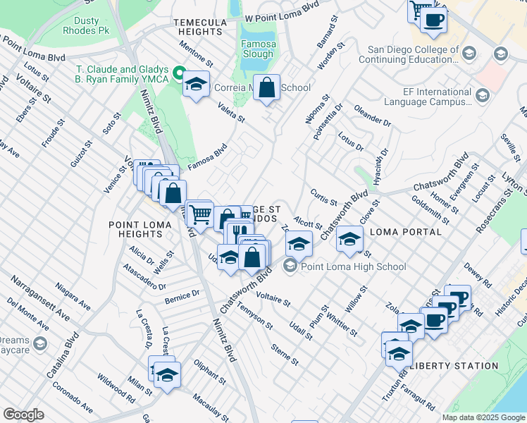 map of restaurants, bars, coffee shops, grocery stores, and more near 2374 Palermo Drive in San Diego