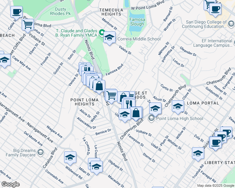 map of restaurants, bars, coffee shops, grocery stores, and more near 2234 Caminito Pajarito in San Diego
