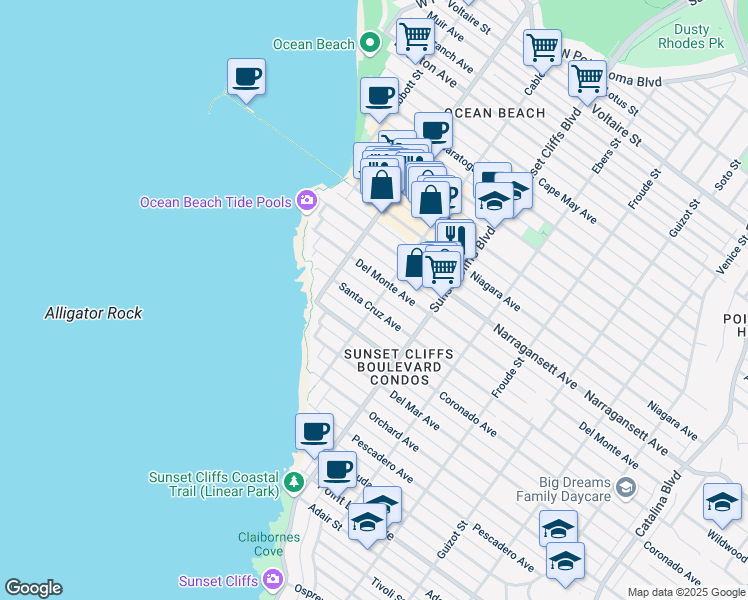 map of restaurants, bars, coffee shops, grocery stores, and more near 4921 Del Monte Avenue in San Diego