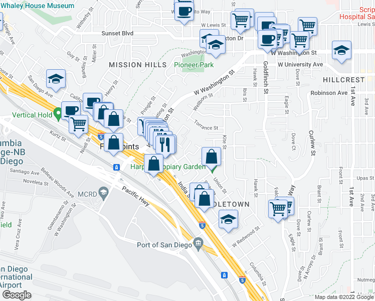 map of restaurants, bars, coffee shops, grocery stores, and more near 1590 Linwood Street in San Diego