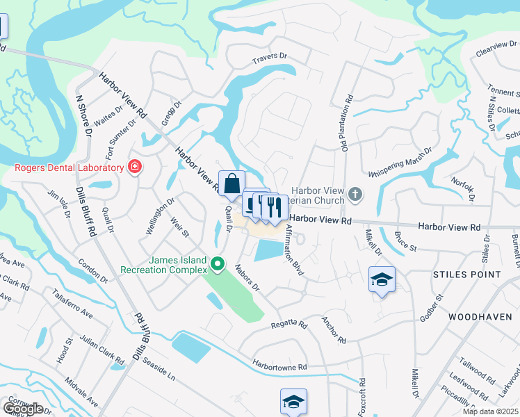 map of restaurants, bars, coffee shops, grocery stores, and more near 816 Harbor Place Drive in Charleston