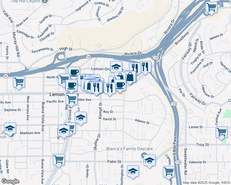 map of restaurants, bars, coffee shops, grocery stores, and more near 8074 Broadway in Lemon Grove