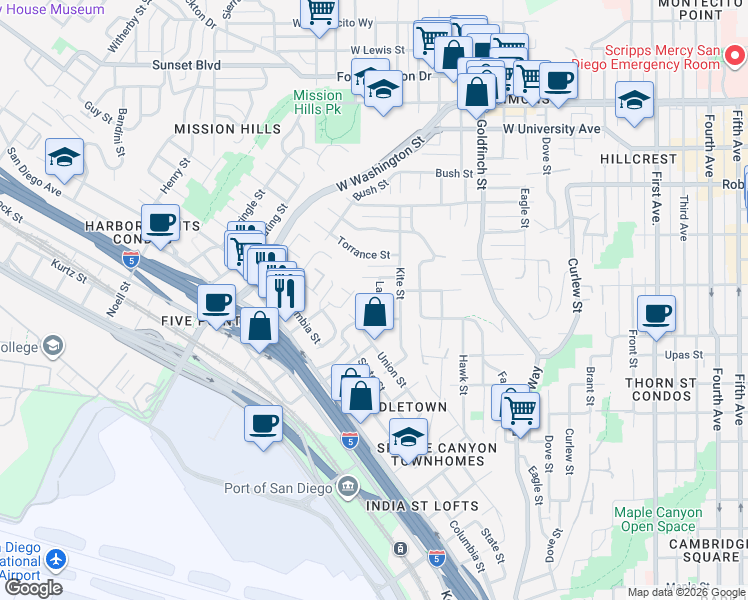map of restaurants, bars, coffee shops, grocery stores, and more near 3536 Lark Street in San Diego
