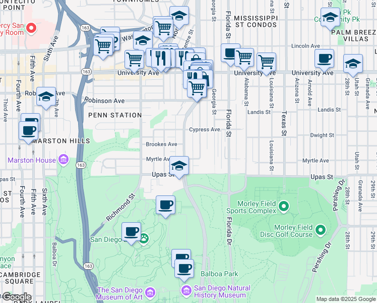 map of restaurants, bars, coffee shops, grocery stores, and more near 3611 Park Boulevard in San Diego