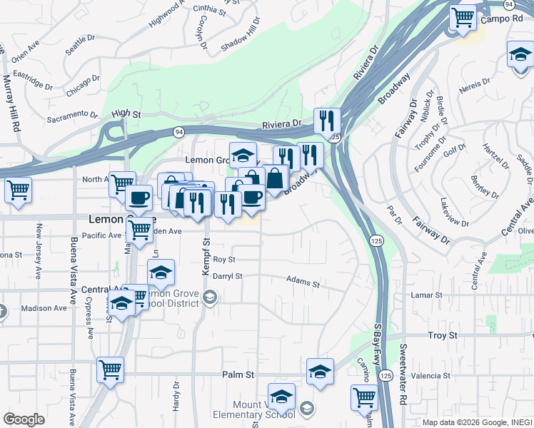 map of restaurants, bars, coffee shops, grocery stores, and more near 8125 Broadway in Lemon Grove