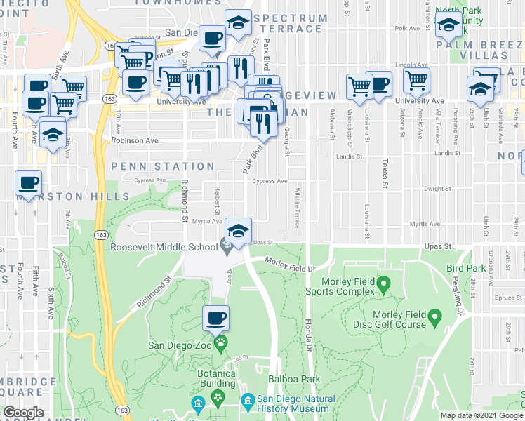map of restaurants, bars, coffee shops, grocery stores, and more near 3611 Park Boulevard in San Diego