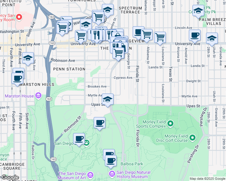 map of restaurants, bars, coffee shops, grocery stores, and more near 3611 Park Boulevard in San Diego