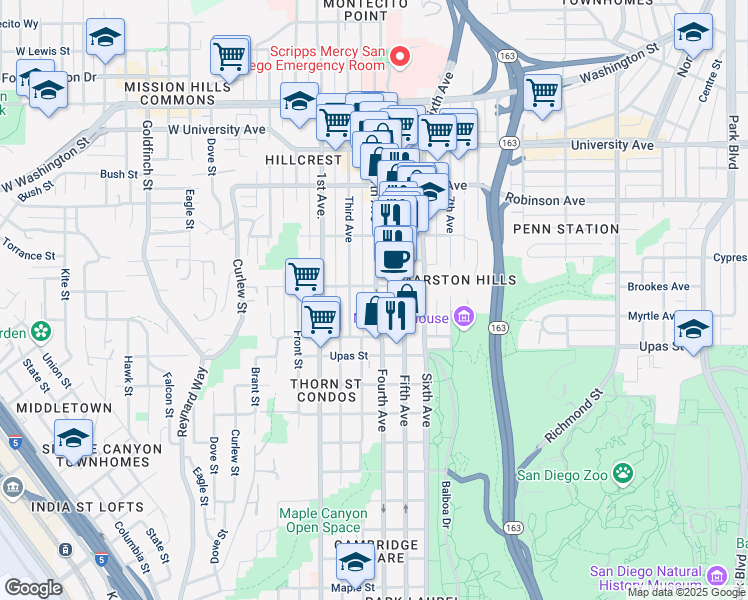 map of restaurants, bars, coffee shops, grocery stores, and more near in San Diego