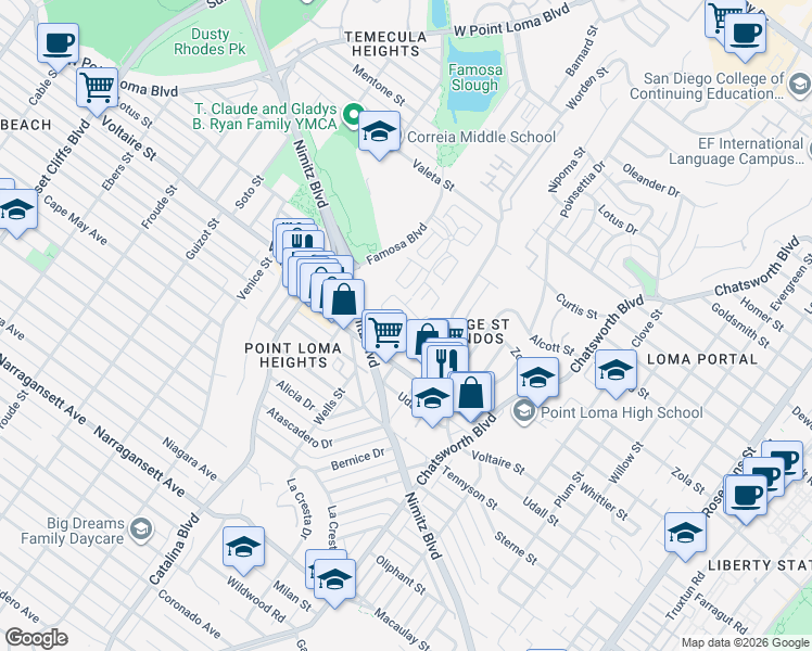 map of restaurants, bars, coffee shops, grocery stores, and more near 2298 Caminito Pajarito in San Diego