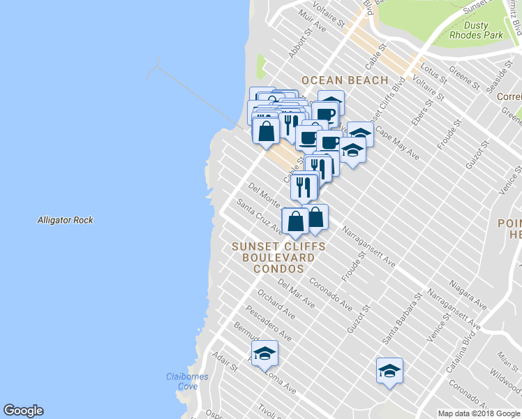 map of restaurants, bars, coffee shops, grocery stores, and more near 4921 Del Monte Avenue in San Diego