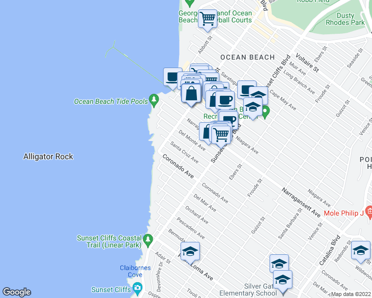 map of restaurants, bars, coffee shops, grocery stores, and more near 4921 Del Monte Avenue in San Diego
