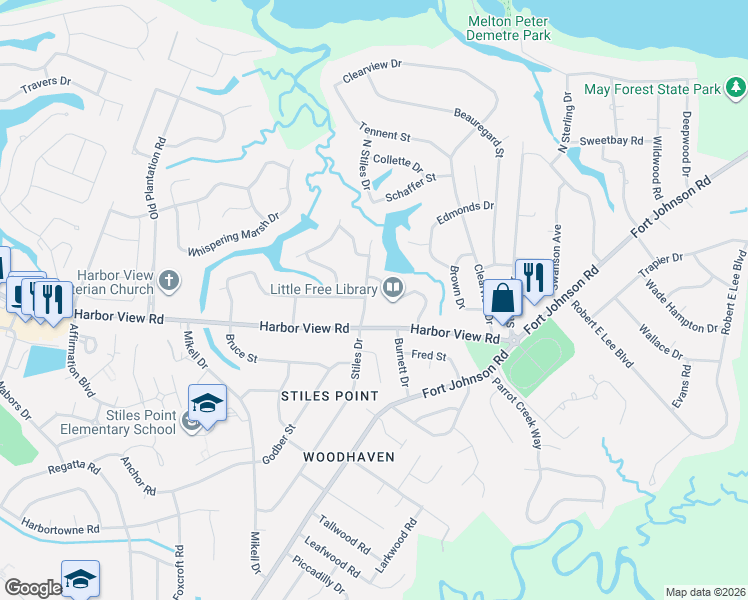 map of restaurants, bars, coffee shops, grocery stores, and more near 689 Ayers Drive in Charleston