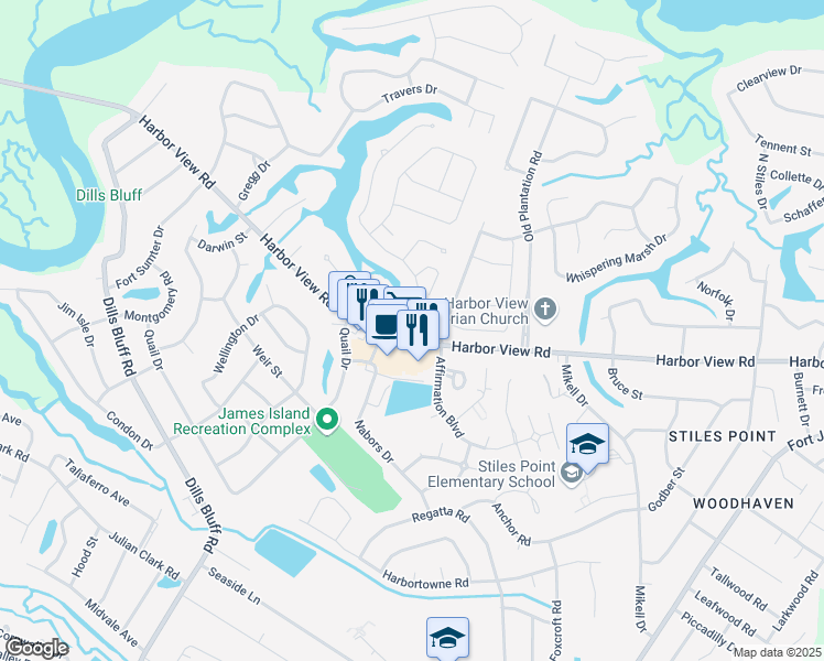 map of restaurants, bars, coffee shops, grocery stores, and more near 987 Harbor Oaks Drive in Charleston