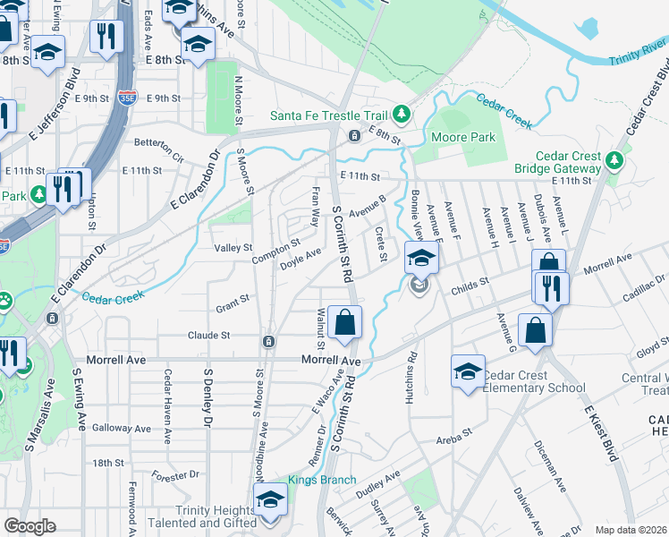 map of restaurants, bars, coffee shops, grocery stores, and more near 515 Woodbine Avenue in Dallas