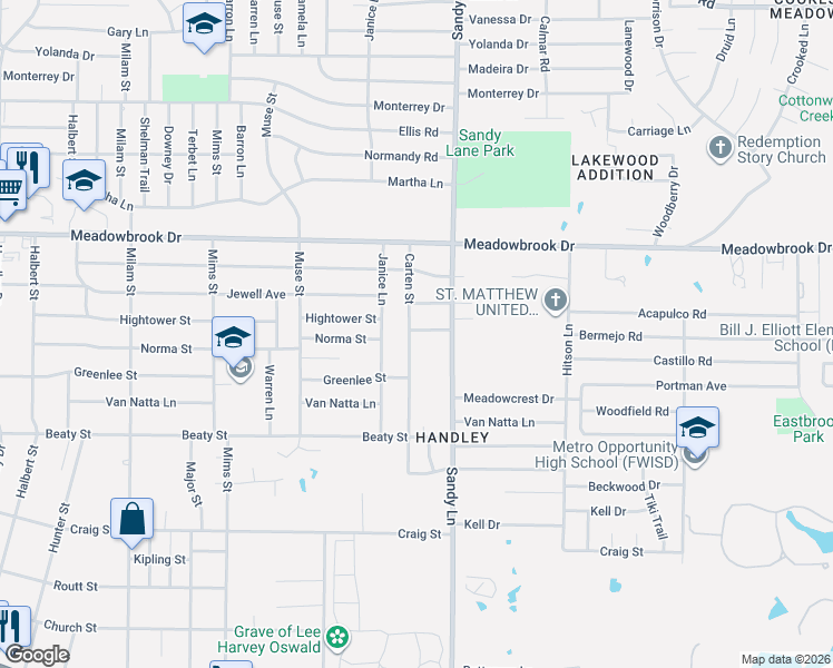 map of restaurants, bars, coffee shops, grocery stores, and more near 7358 Hightower Street in Fort Worth
