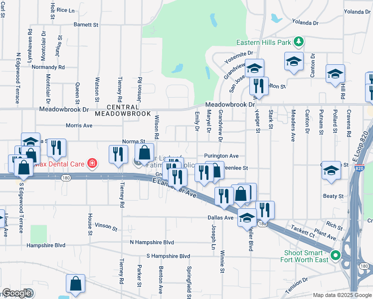map of restaurants, bars, coffee shops, grocery stores, and more near 2420 Emily Drive in Fort Worth