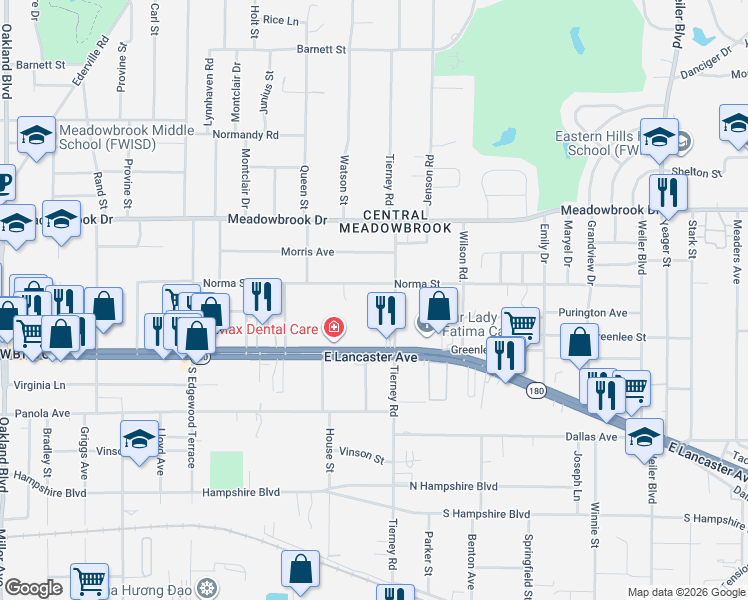map of restaurants, bars, coffee shops, grocery stores, and more near 5015 Norma Street in Fort Worth