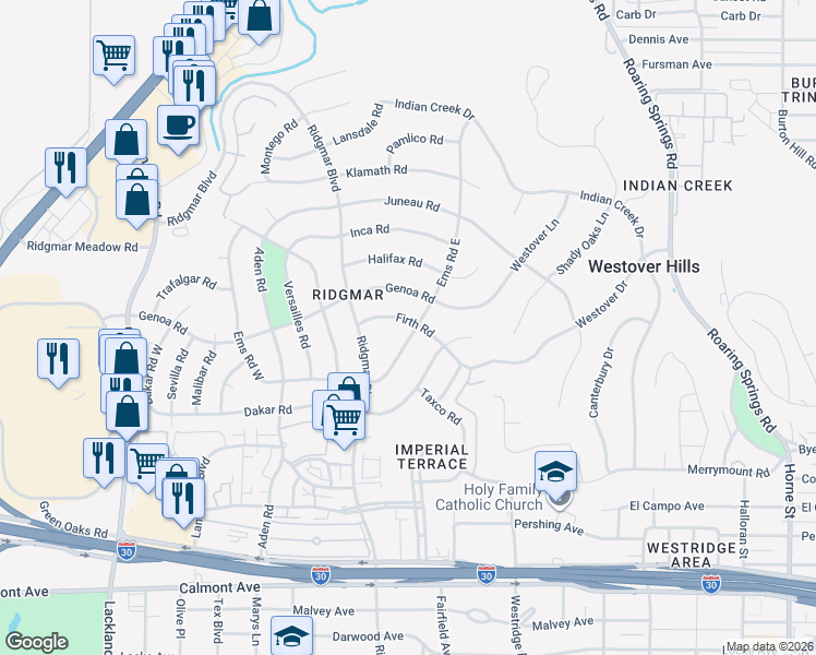 map of restaurants, bars, coffee shops, grocery stores, and more near 6312 Firth Road in Fort Worth