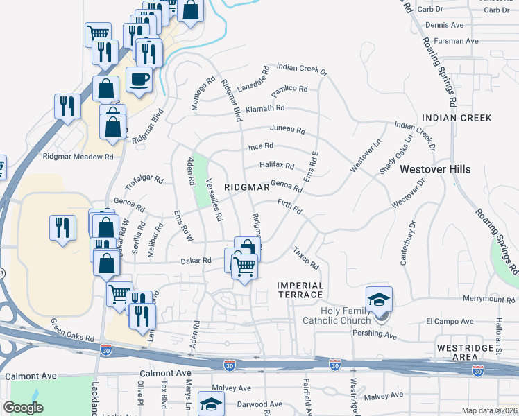 map of restaurants, bars, coffee shops, grocery stores, and more near 6637 Ridgmar Boulevard in Fort Worth