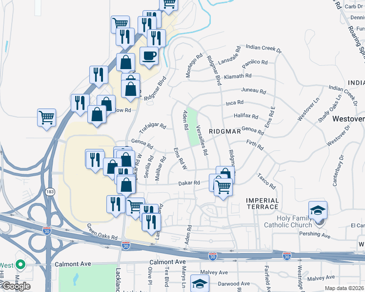 map of restaurants, bars, coffee shops, grocery stores, and more near 1609 Ems Road West in Fort Worth