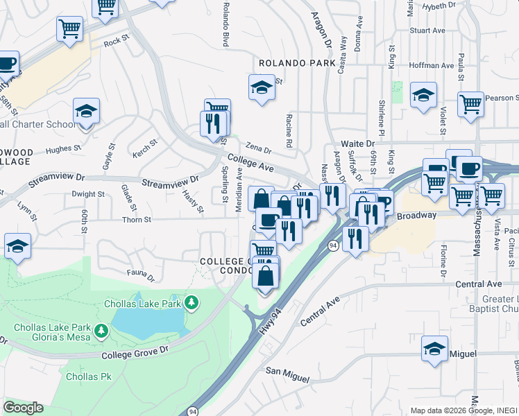 map of restaurants, bars, coffee shops, grocery stores, and more near 6516 College Grove Drive in San Diego