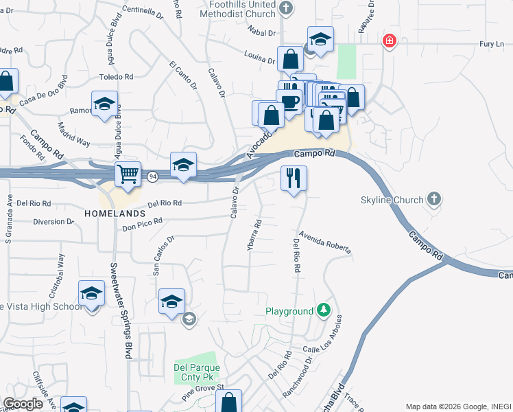 map of restaurants, bars, coffee shops, grocery stores, and more near 3560 Ybarra Road in Spring Valley