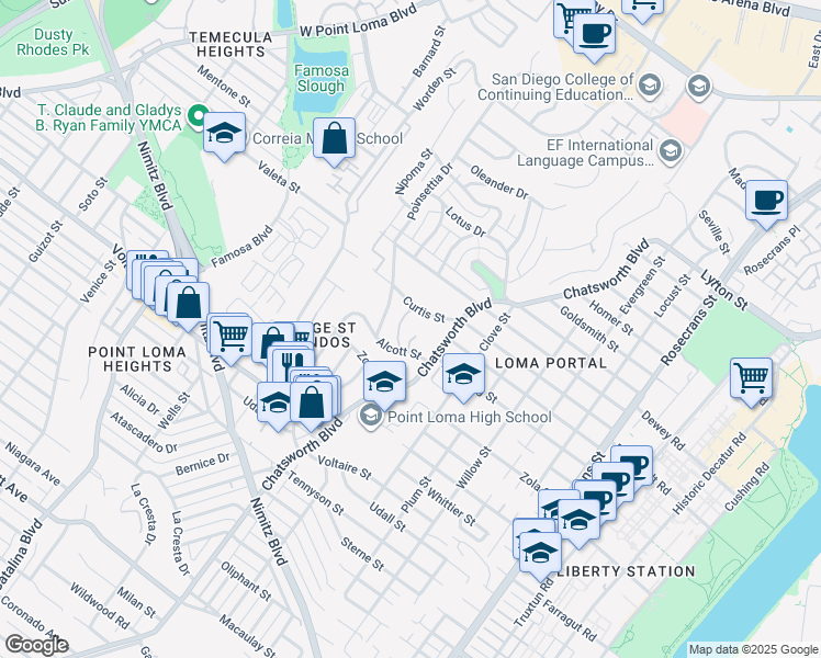 map of restaurants, bars, coffee shops, grocery stores, and more near 2434 Alcott Court in San Diego