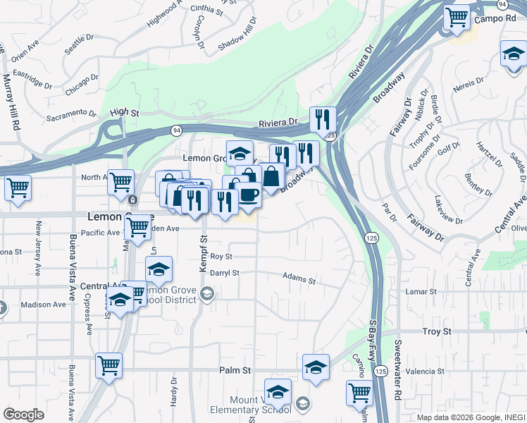 map of restaurants, bars, coffee shops, grocery stores, and more near 8125 Broadway in Lemon Grove