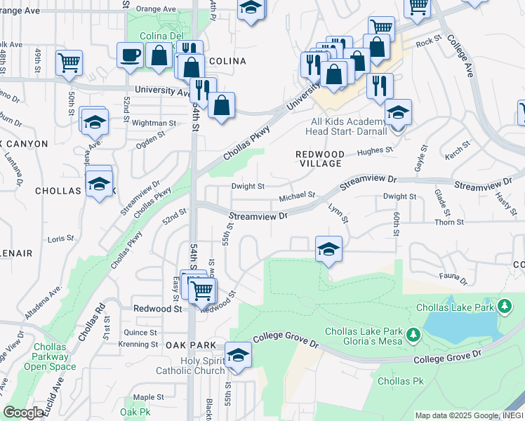 map of restaurants, bars, coffee shops, grocery stores, and more near 5566 Streamview Drive in San Diego