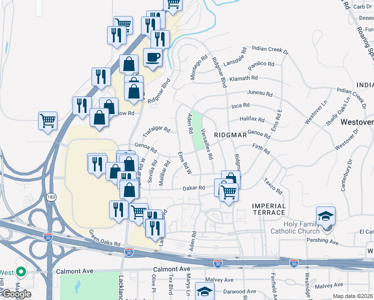 map of restaurants, bars, coffee shops, grocery stores, and more near 1609 Ems Road West in Fort Worth