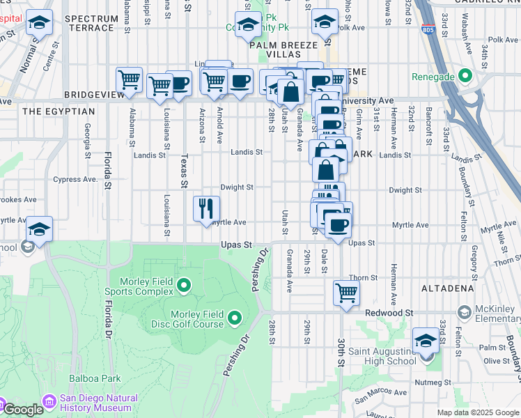 map of restaurants, bars, coffee shops, grocery stores, and more near 3535 Pershing Avenue in San Diego